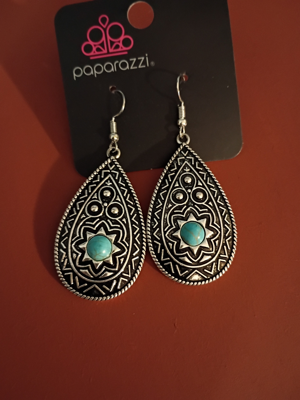 paparazzi Silver Teardrop Earrings with Turquoise Stone